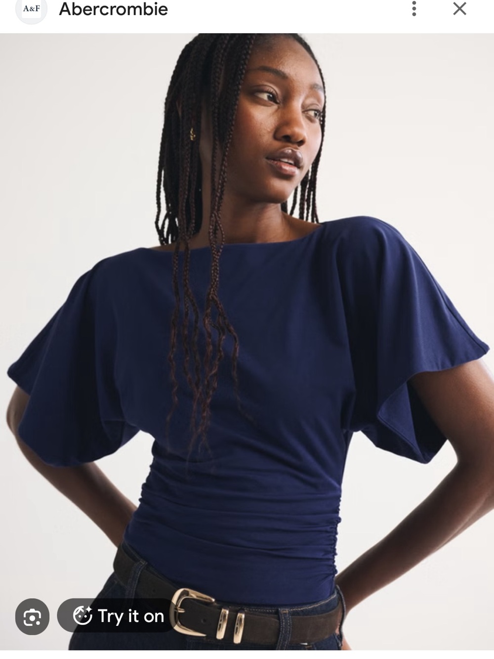 Abercrombie Navy Flutter-Sleeve Ruched Waist Top